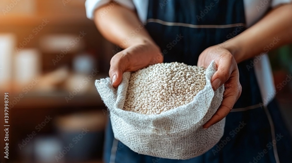 Hands holding a burlap sack filled with raw barley grains