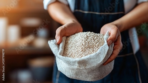 Obraz na płótnie Hands holding a burlap sack filled with raw barley grains w salonie