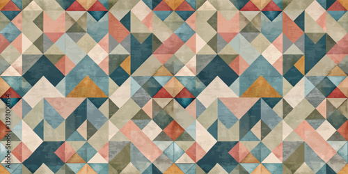 Colorful geometric pattern featuring triangles and angular shapes in earthy tones.