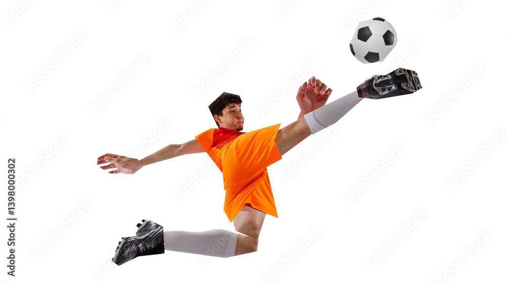 Fototapeta premium Focused man, soccer player in orange uniform stretching into wide kick in surreal cut-out collage style on pastel blue background. Concept of sport, competition, tournament, game. Artwork