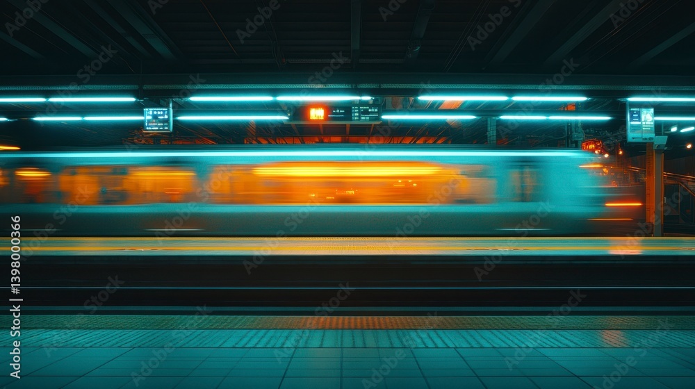 Obraz premium Train in Motion at Subway Station with Neon Lights and Vibrant Colors