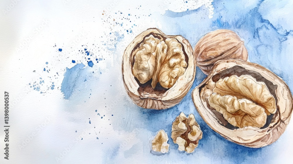 Fototapeta premium Watercolor illustration of walnuts in their shells on a blue background