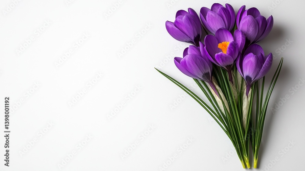 Vibrant purple crocus flowers arranged elegantly on a clean background