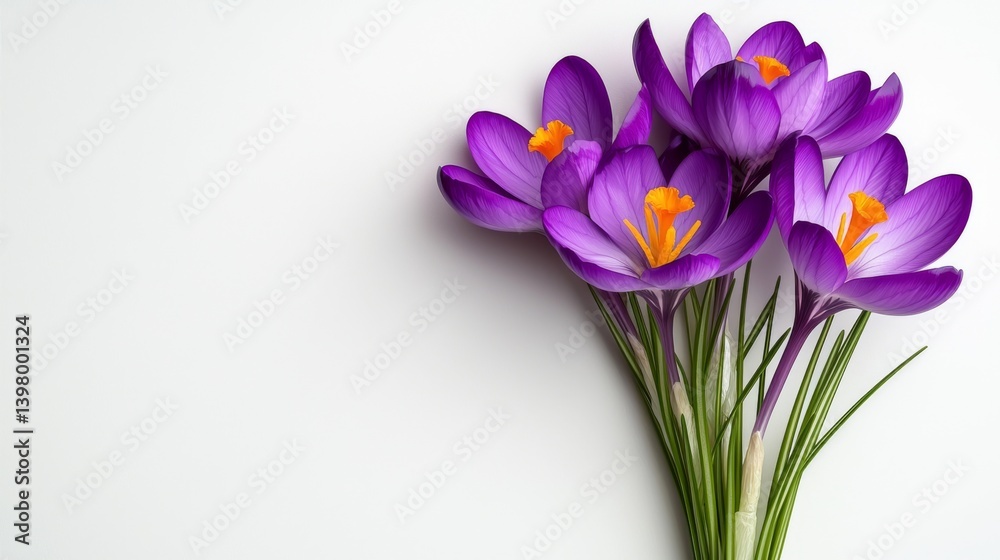 Vibrant purple crocus flowers arranged elegantly on a clean background