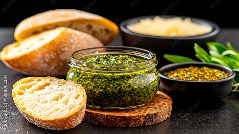 Fresh pesto sauce in a jar with bread and cheese on a dark background