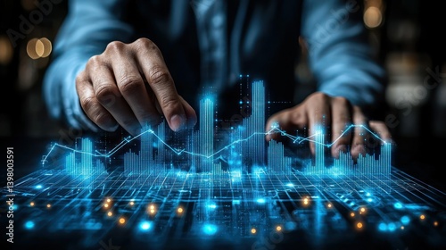 Businessman interacts with digital city graphs, blurred city lights background