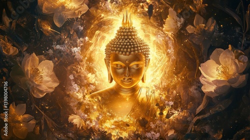 A glowing golden Buddha image surrounded by detailed Thai floral designs, exuding spiritual energy