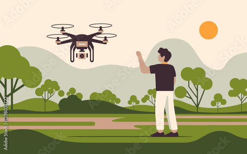 Man controlling drone in park, nature landscape illustration, sunny day
