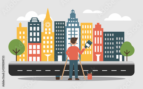 Urban artist painting cityscape with vibrant buildings and cloudy skies. Vector illustration.