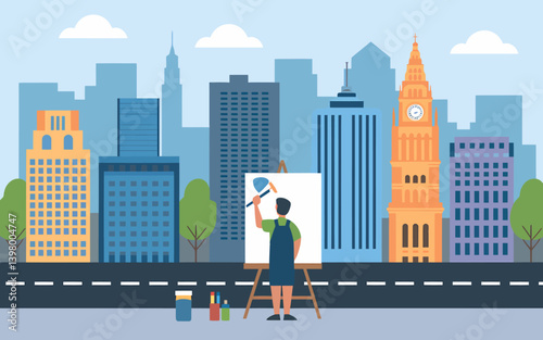 Artist painting cityscape on canvas. Urban landscape scene with painter.