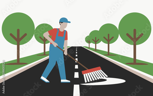 Road Maintenance: Janitor Sweeping Street with Broom near Trees