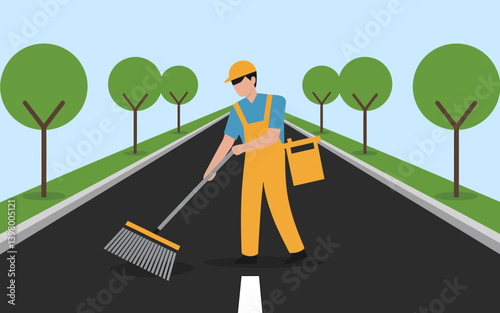 Road Sweeper Worker with Broom Cleaning Street Asphalt Illustration