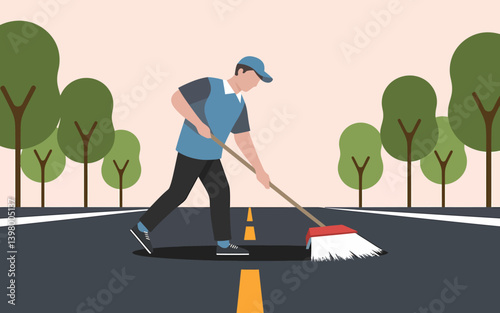 Road maintenance: worker sweeping asphalt road with broom near traffic cones