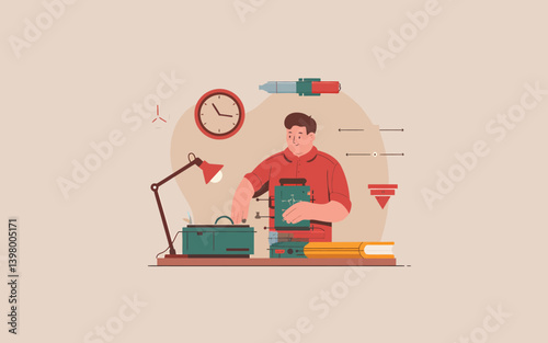 Man repairing electronics at desk with lamp and tools, vector illustration.