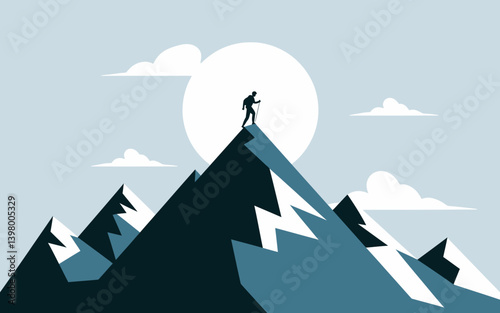 Mountain Climber Silhouette with Clouds and Sun Background for Success Concept