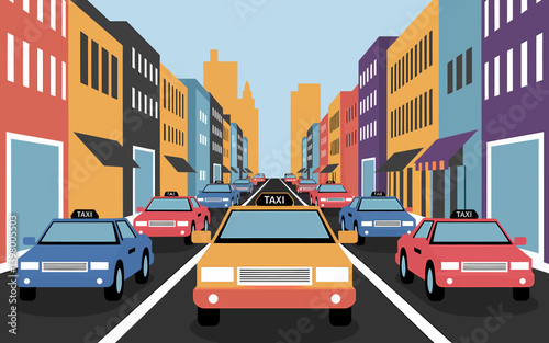 Cartoon City Street Scene with Colorful Taxi Cabs