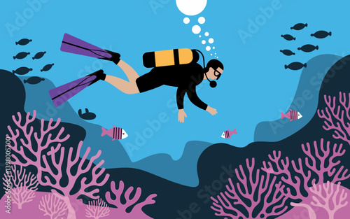 Scuba Diver Explores Colorful Coral Reef with Fish Illustration