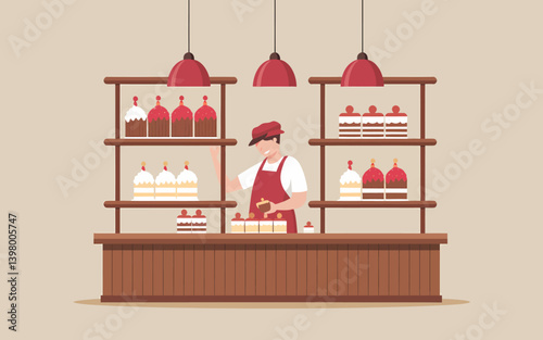 Bakery Shop Illustration: Pastry Chef Preparing Cakes & Cupcakes Display