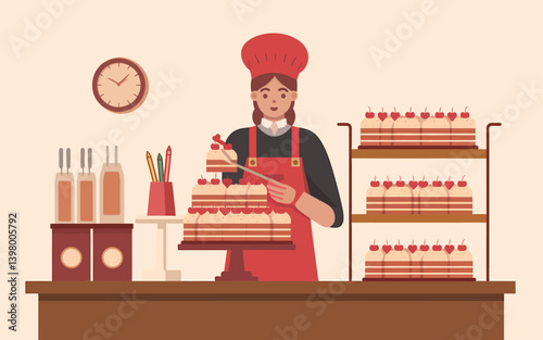 Pastry Chef Preparing Delicious Cherry Cake in Bakery Shop