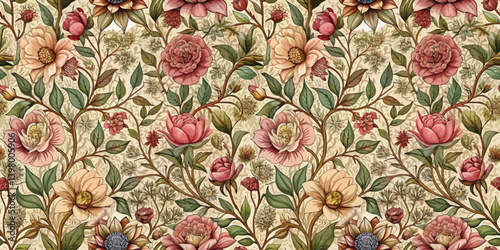 Intricate floral pattern featuring colorful blooms and lush greenery.