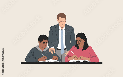 Teacher Helping Students with Classwork in Classroom Setting Illustration