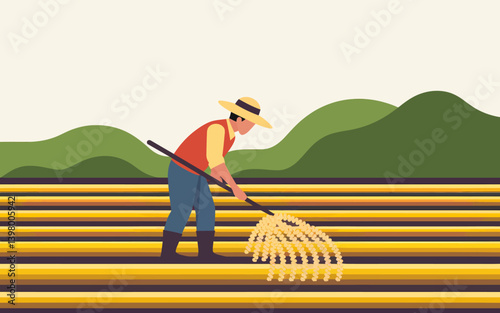 Agricultural worker harvesting crop in field - vector illustration