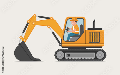 Cartoon excavator with construction worker, isolated on white background
