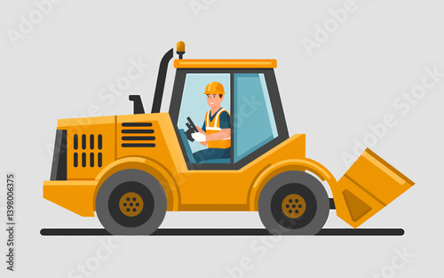 Illustration of Yellow Bulldozer with Construction Worker, Vector Graphic