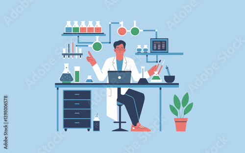 Scientist in Lab Coat Working with Science Equipment Flat Vector Illustration