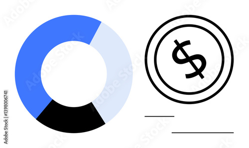 Minimal pie chart with blue, black, gray segments next to dollar coin outline. Ideal for finance, budgeting, growth, analysis, economy, statistics data visualization flat simple metaphor