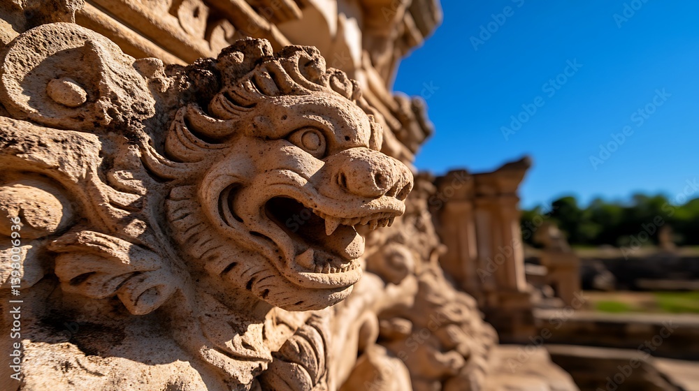 Fototapeta premium Majestic Stone Lion Guardian with Ancient Ruins, and Sunny Day.