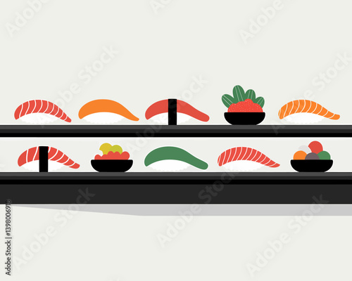 Assorted Sushi Selection on Display: Fresh Nigiri Variety, Japanese Cuisine