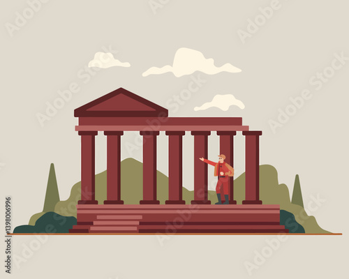 Historical building with columns and a tour guide illustration - Vector Graphic