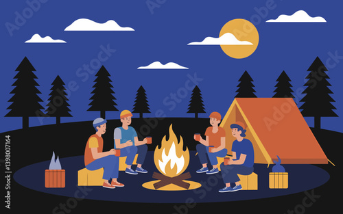 Campfire Gathering: Friends Enjoying Night Camping with Tent and Bonfire