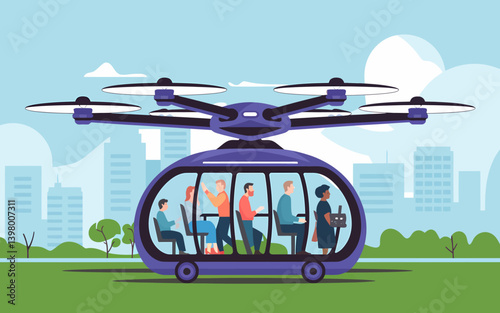 Futuristic Urban Mobility: Autonomous Air Taxi with Passengers over Cityscape