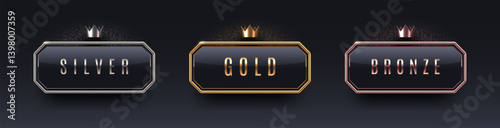 3d rank award sign with metal frame and crown. Gold, silver and bronze metallic rank sign on black background. Vector set.