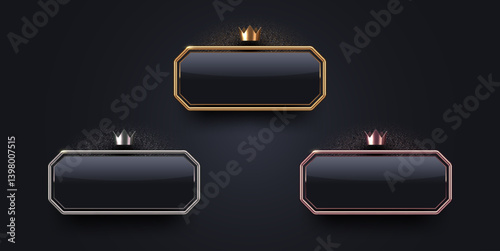 3d luxury sign with metal frame and crown. Gold, silver and bronze metallic premium sign on black background. Vector set.