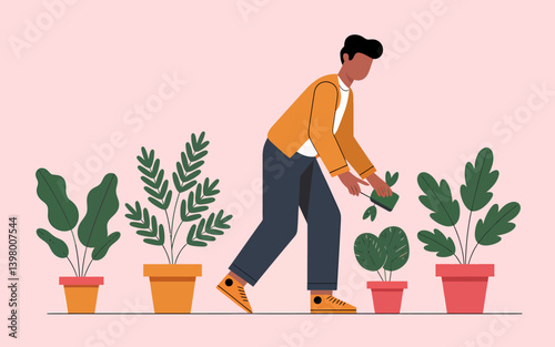 Man transplanting seedling into a pot. Gardening hobby and plant care concept.