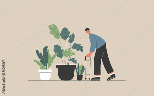Man caring for potted plants, using trolley. Indoor gardening at home concept