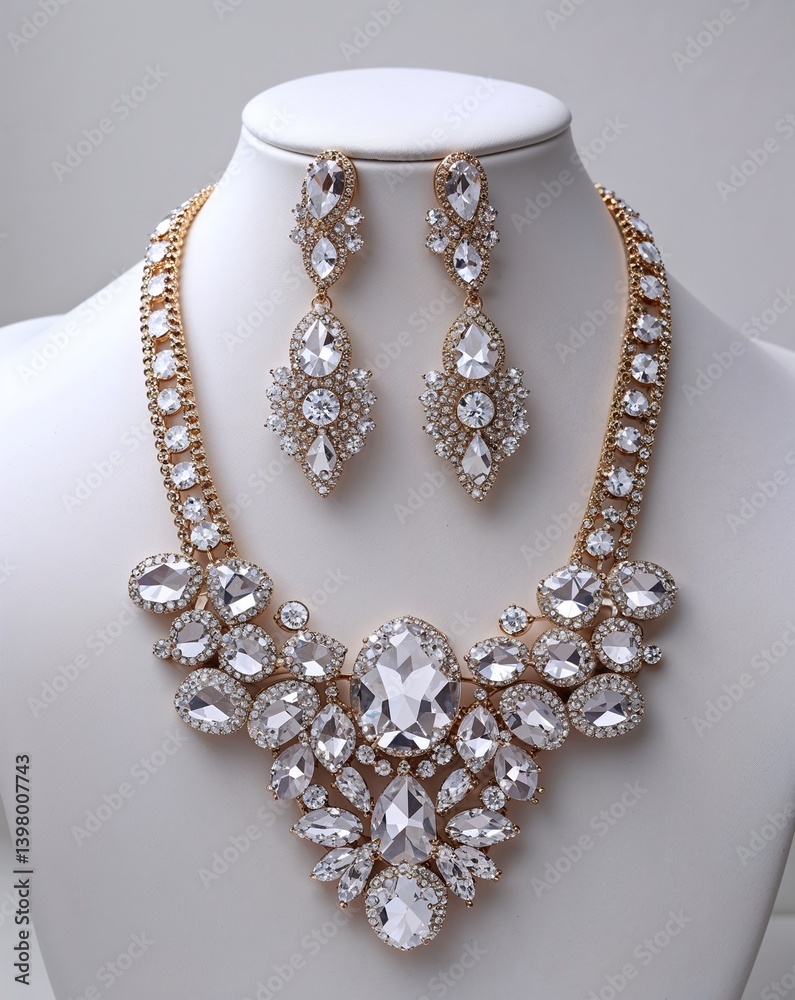 A crystal statement necklace and matching earrings jewelry set in plain white background A crystal statement necklace and matching earrings jewelry set in plain white background