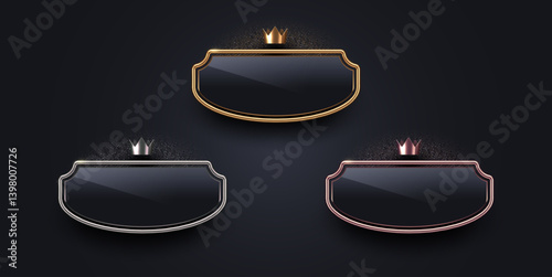3d luxury sign with metal frame and crown. Gold, silver and bronze metallic premium sign on black background. Vector set.