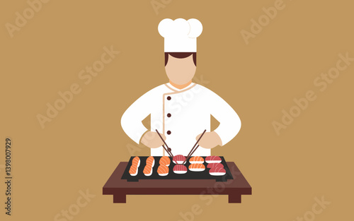 Sushi Chef Preparing Nigiri with Chopsticks - Minimalist Japanese Cuisine Illustration