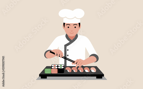 Sushi chef preparing rolls with chopsticks. Japanese cuisine presentation.