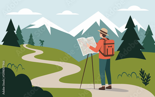Hiker consults map in scenic mountain landscape with snowy peaks