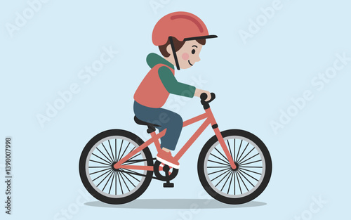Boy riding bicycle with helmet, cartoon character, healthy lifestyle