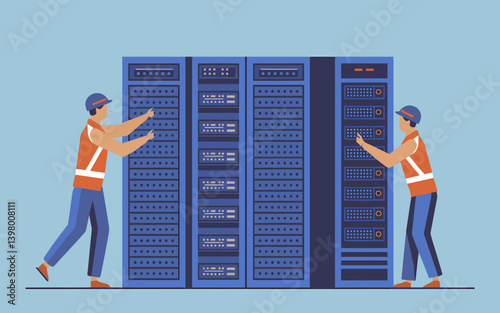 Server Room Maintenance: IT Technicians Managing Network Data Infrastructure