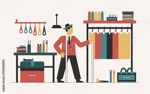 Tailor in Workshop with Fabrics and Measuring Tape Illustration