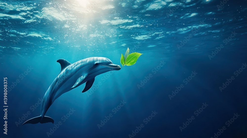 Obraz premium A dolphin drinking water from a floating leaf on the oceanâ€™s surface.