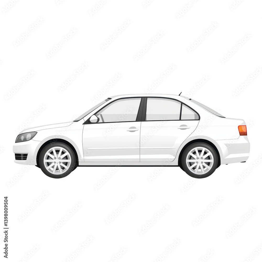 sleek white sedan car is illustrated side view, showcasing its modern design and smooth lines. vehicle features four doors, alloy wheels, and tinted windows, emphasizing its stylish sleek white sedan car is illustrated side view, showcasing its modern design and smooth lines. vehicle features four doors, alloy wheels, and tinted windows, emphasizing its stylish