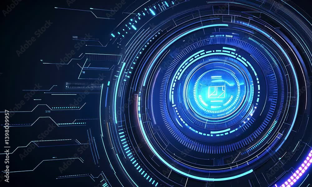 Abstract Digital Background with Futuristic Technology Elements and Circular Patterns in Blue and Purple Hues Abstract Digital Background with Futuristic Technology Elements and Circular Patterns in Blue and Purple Hues